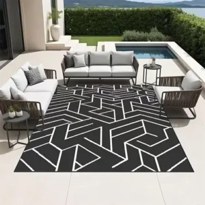 Modern Black & White Geometric Outdoor Carpet
